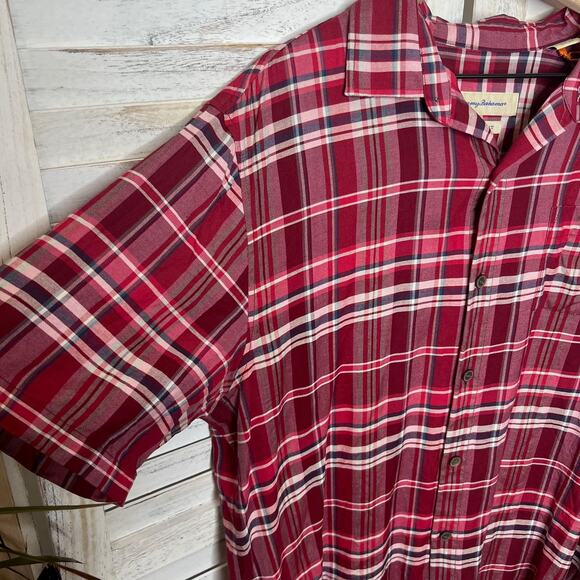 TOMMY BAHAMA Men's L Silk Red Plaid Button Front Casual Shirt Short Sleeve - Picture 8 of 12